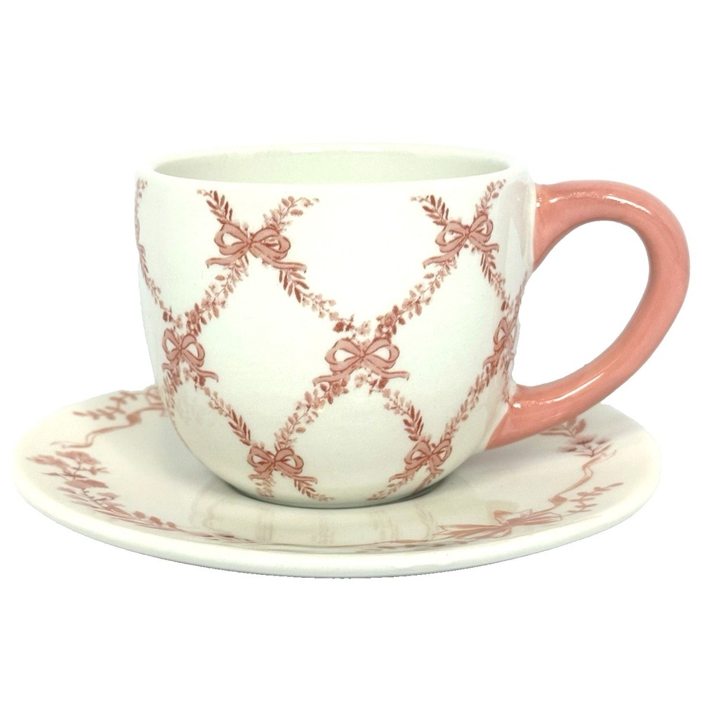 Pink Bow Teacup and Saucer Set Coquette Cottagecore Aesthetic Mug Cute New